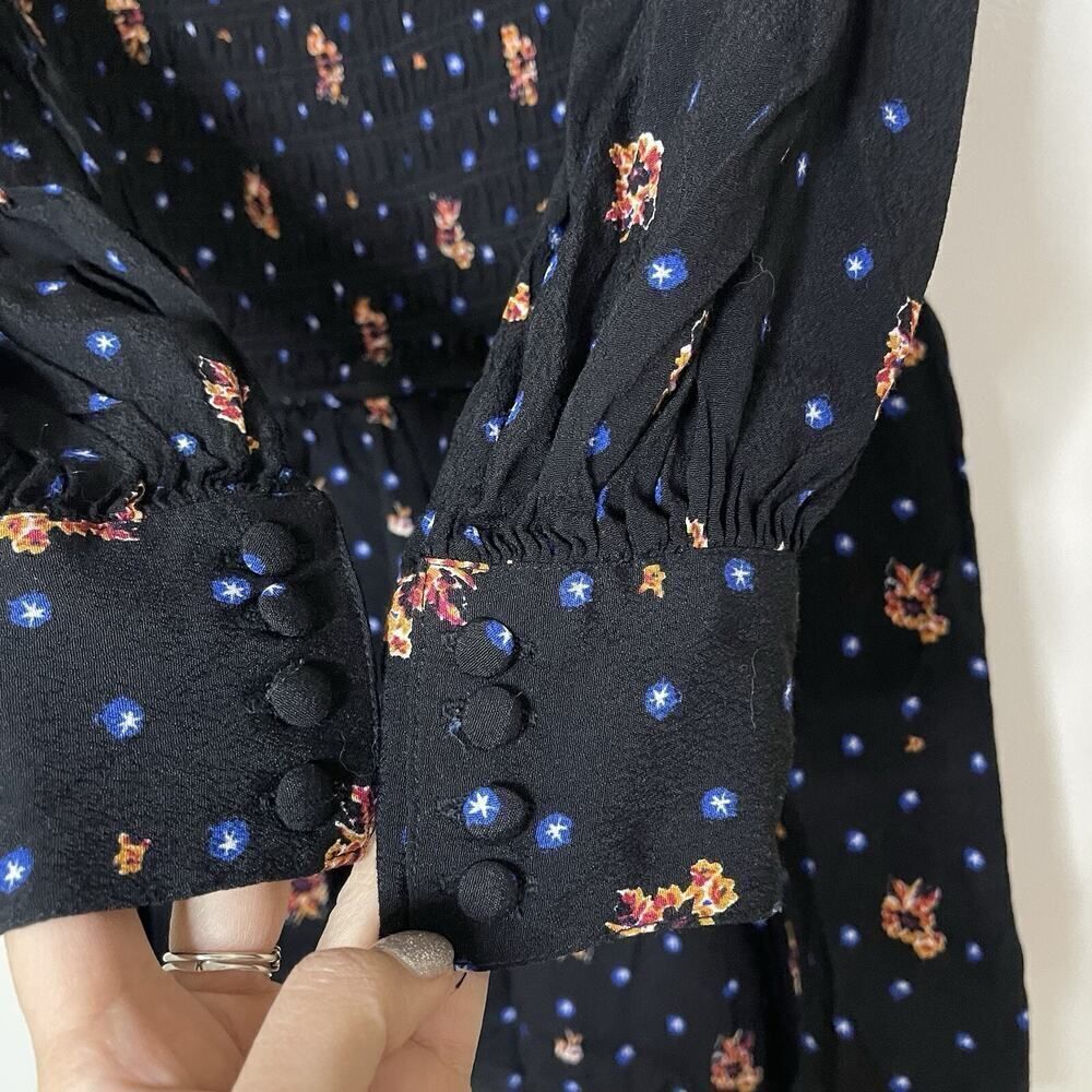 Free People Black Floral Star-Print Smocked long sleeve Mini Dress Size Small - Picture 5 of 7